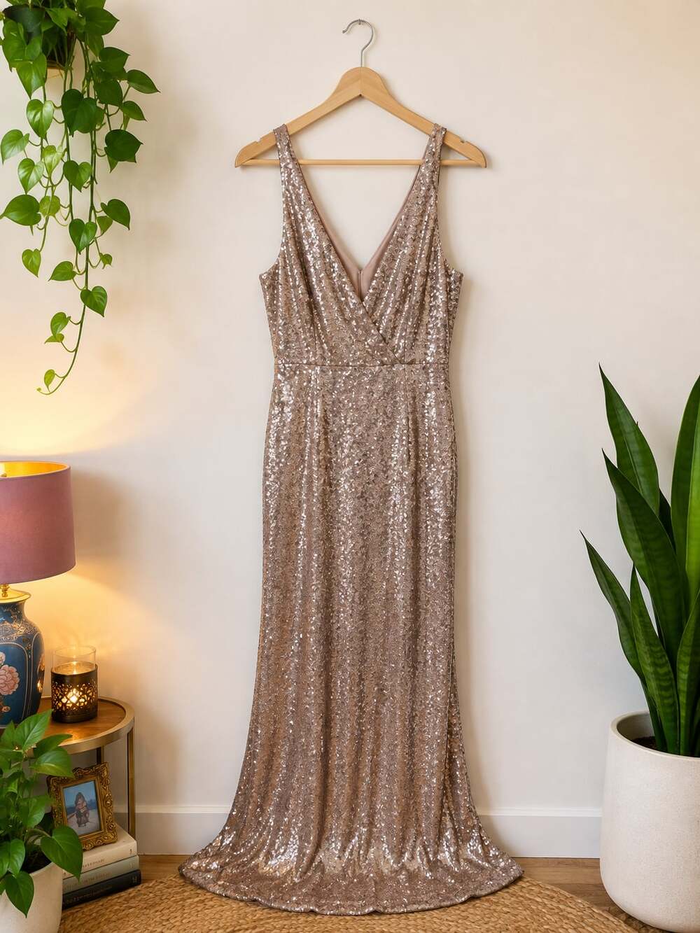 Lulus Gold Sequin V-Neck Maxi Formal Evening Dress Size Medium